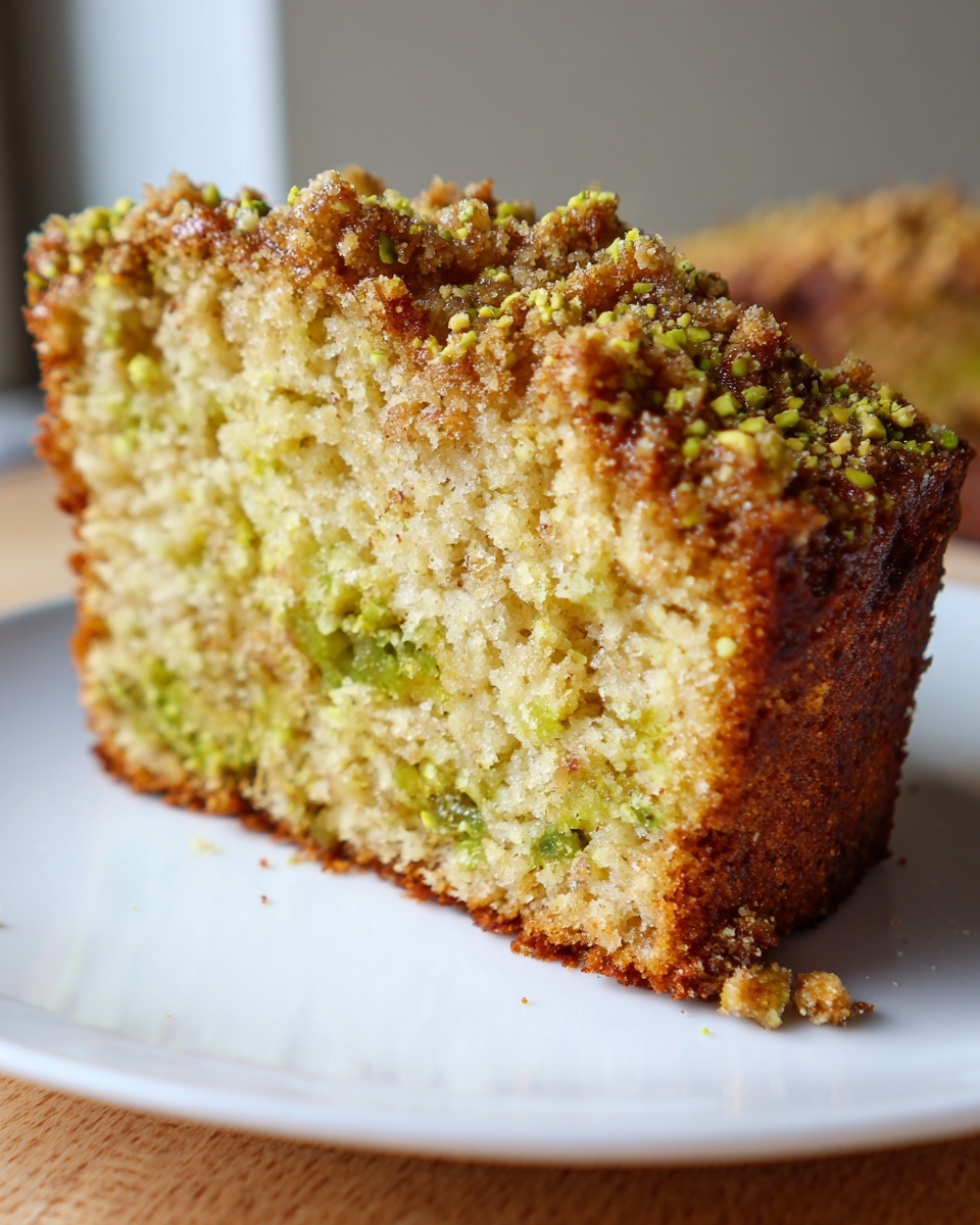 Close-up of a moist slice of pistachio coffee cake showing green pistachio pieces and a crunchy crumb topping.