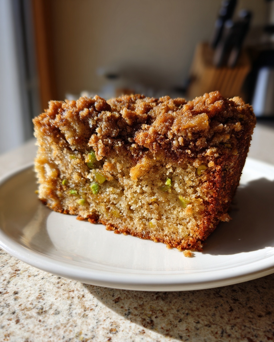 A close-up slice of moist pistachio coffee cake featuring visible green pistachio pieces and a thick, crumbly streusel topping.