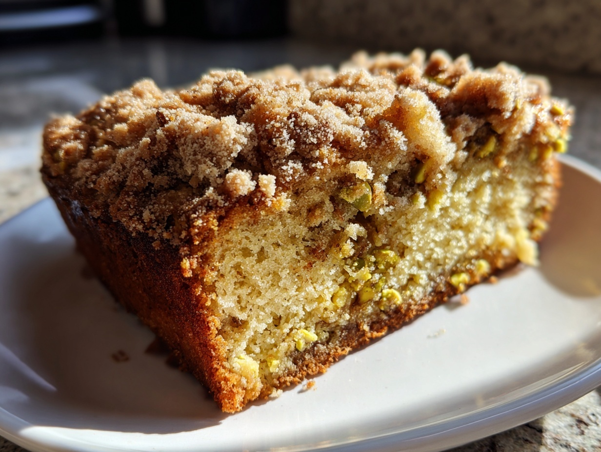 Close-up of a moist slice of pistachio coffee cake featuring visible green pistachio pieces and a thick, sugary crumb topping.
