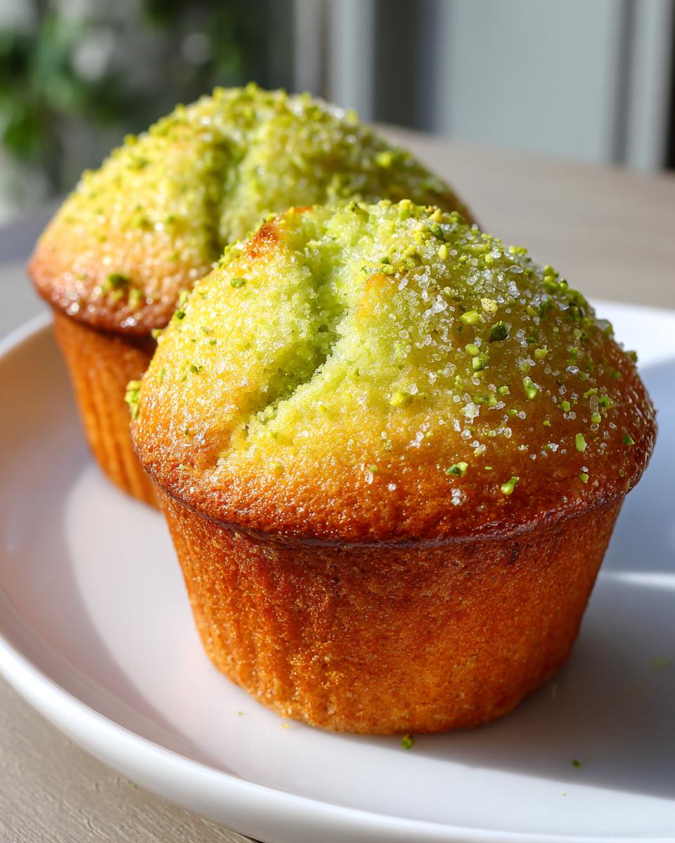 Close-up of two golden-brown pistachio muffins topped with coarse sugar and chopped pistachios.