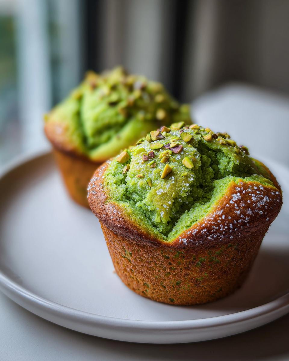 Close-up of a vibrant green pistachio muffin topped with sugar crystals and chopped pistachios.
