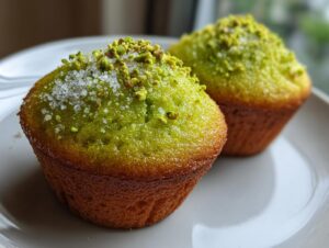 Two moist pistachio muffins, one in focus, topped with coarse sugar and chopped pistachios.