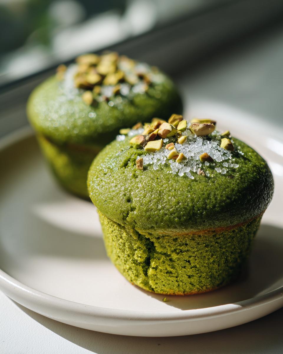 Close-up of two vibrant green pistachio muffins topped with coarse sugar and chopped pistachios.
