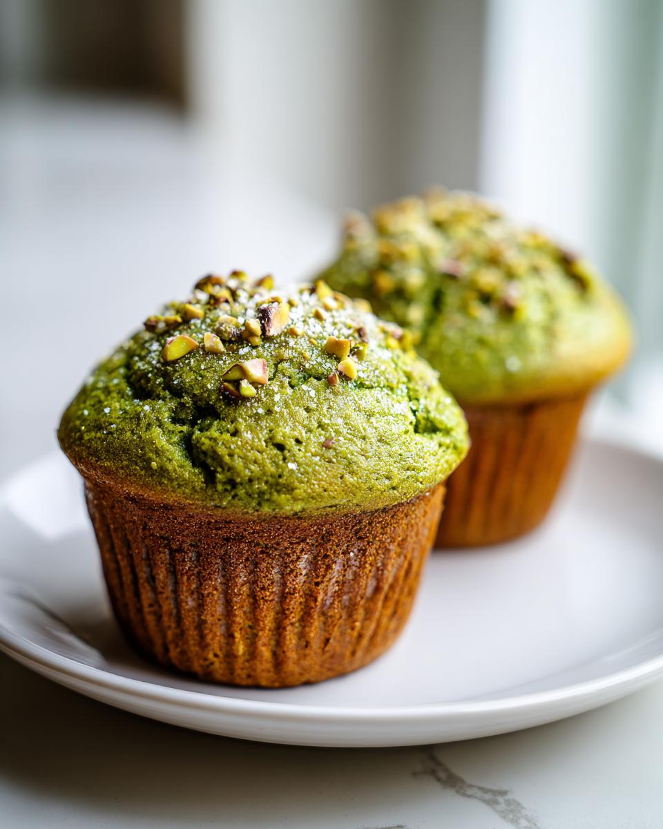 Two vibrant green pistachio muffins, one in focus, topped with chopped nuts and sugar.