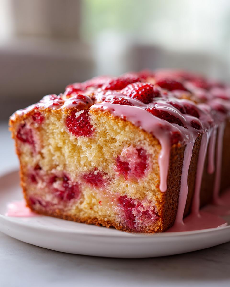 Close-up of moist strawberry bread loaf, studded with bright red strawberries and drizzled with pink strawberry glaze.