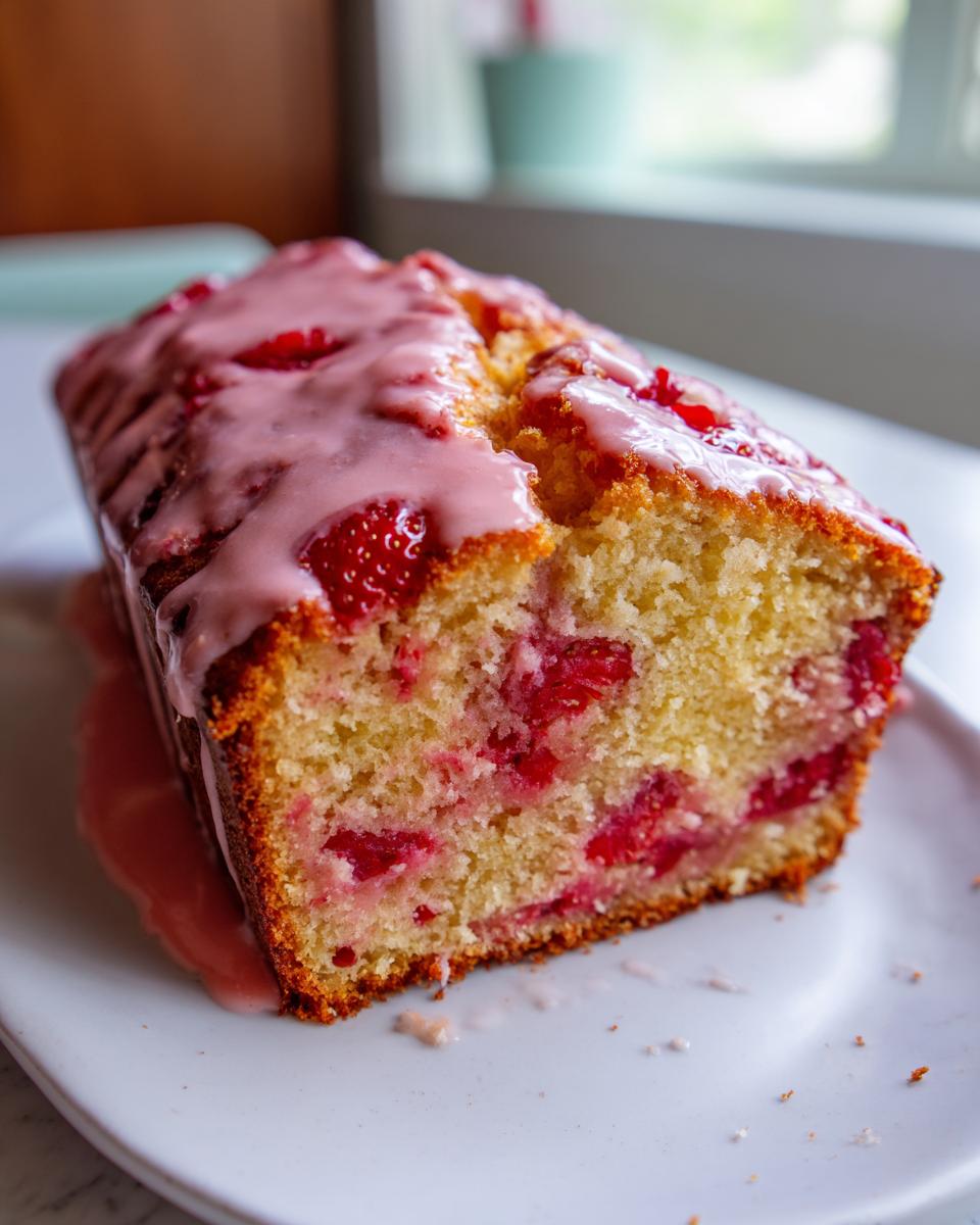 Close-up of a moist slice of strawberry bread with visible chunks of strawberries and a thick pink strawberry glaze.
