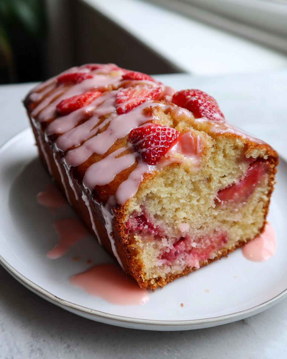 A moist loaf of strawberry bread, sliced to show the fruit inside, topped with pink glaze and fresh strawberries.