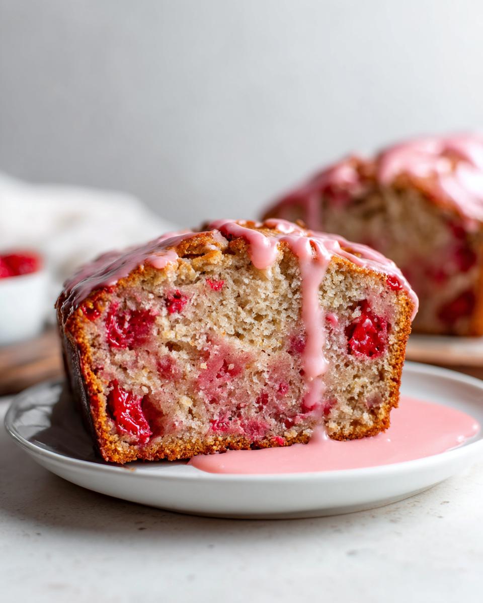 Close-up of a moist slice of strawberry bread topped with dripping pink glaze on a small white plate.