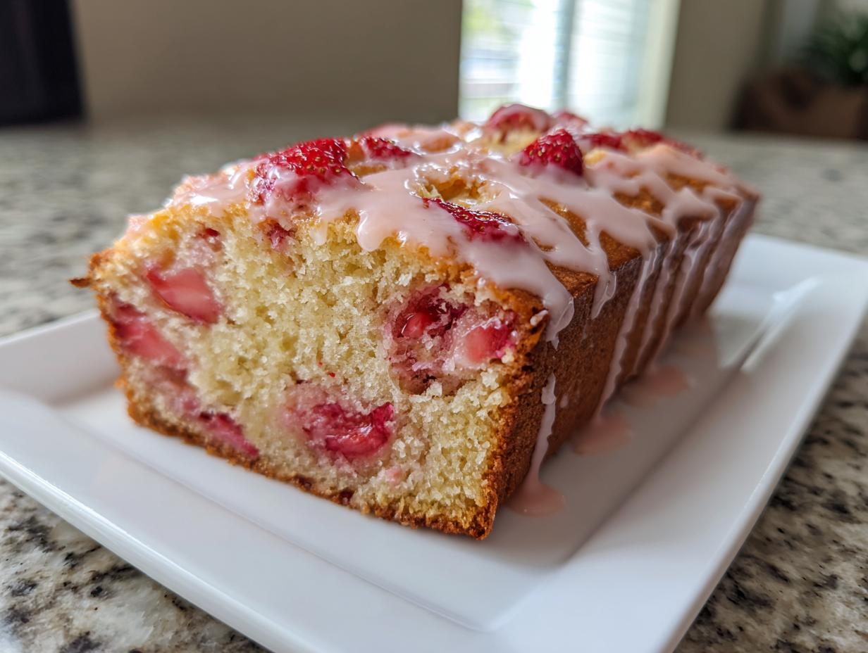 A thick slice of moist strawberry bread studded with fruit and drizzled with pink strawberry glaze.