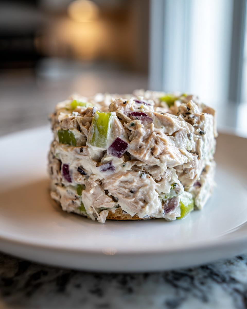 A perfectly molded serving of cottage cheese tuna salad with celery and red onion on a white plate.