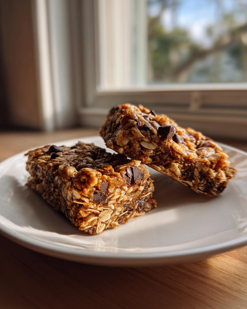 Two homemade no-bake protein bar slices packed with oats and chocolate chips on a white plate.