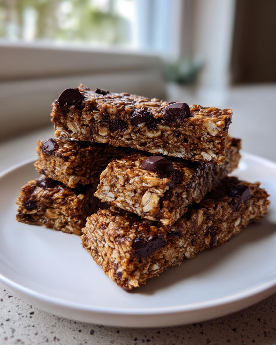 A stack of five homemade, no-bake chocolate chip protein bar slices on a white plate.