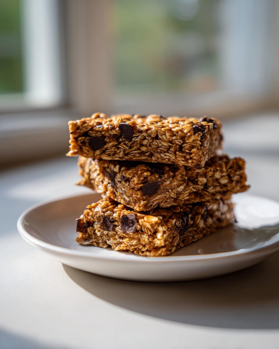 Three stacked, chewy no-bake chocolate chip protein bar squares resting on a small white plate.
