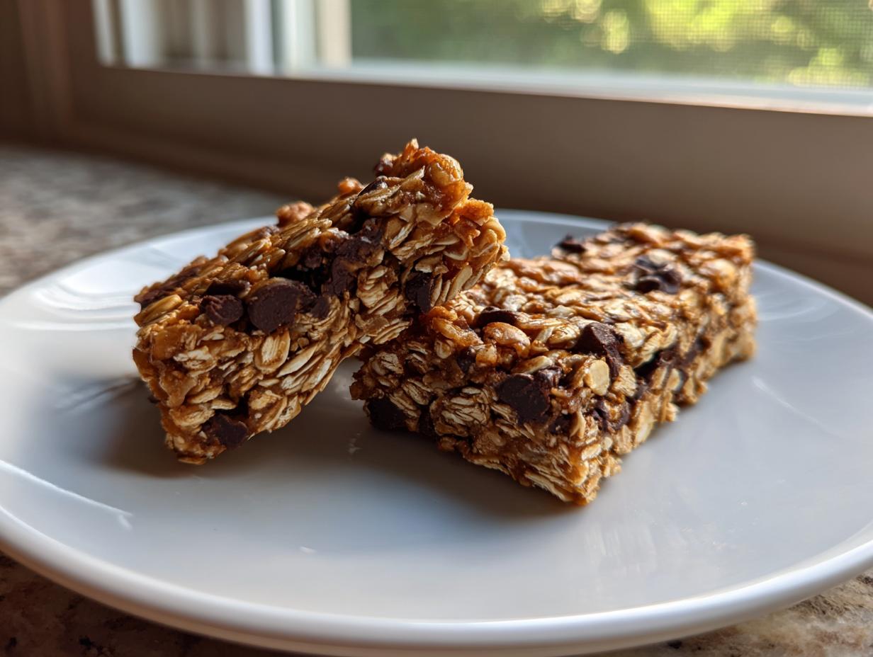 Two halves of a no-bake chocolate chip protein bar made with oats, resting on a white plate.