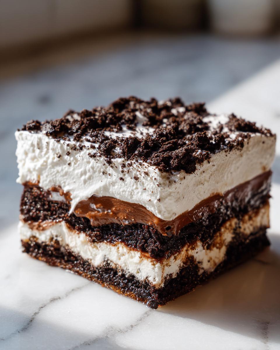 A square slice of layered dirt cake featuring dark chocolate cake, white cream, chocolate pudding, and crushed cookie topping.