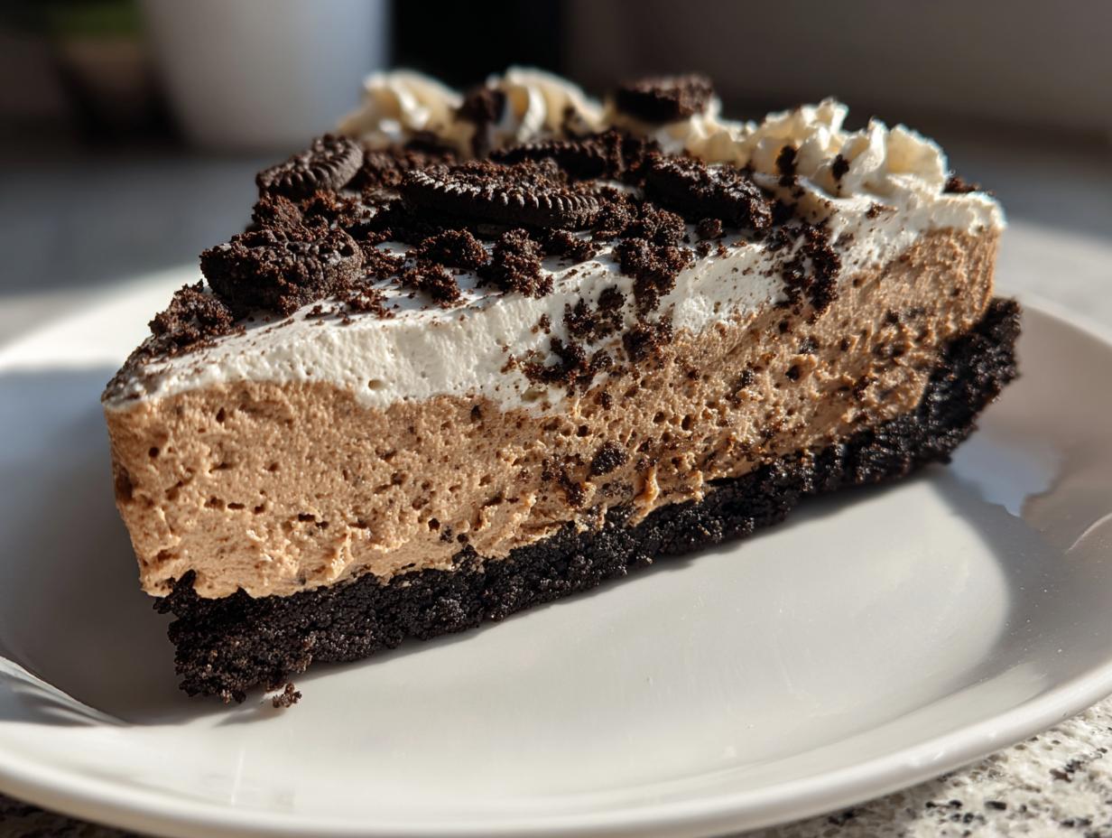 A rich slice of no-bake dirt cake featuring a dark cookie crust, light brown mousse filling, white whipped topping, and crushed cookies.