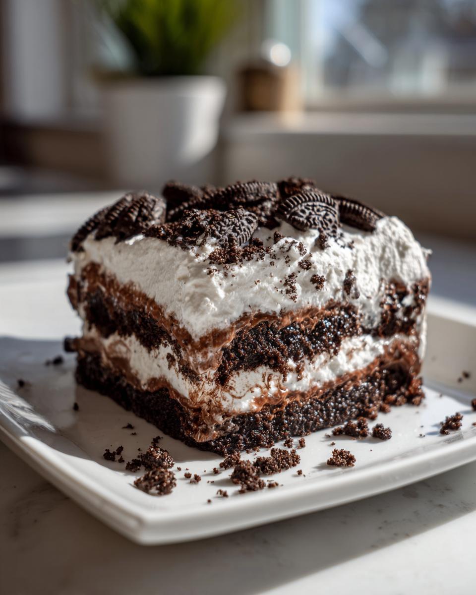 A square slice of layered no-bake dirt cake featuring chocolate cookie crumbs and whipped topping, garnished with mini Oreos.