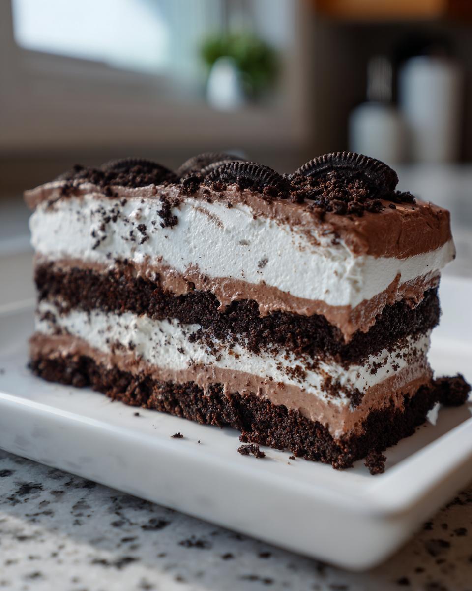 A thick slice of layered no-bake dirt cake featuring chocolate crumb layers and white/chocolate mousse, topped with Oreos.
