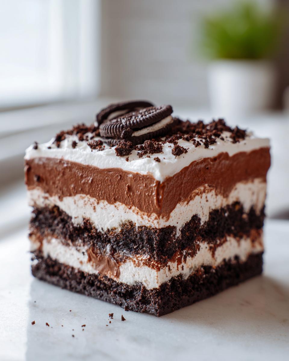 A close-up of a square slice of layered dirt cake featuring chocolate pudding, cream, and cookie crumbs, topped with Oreo halves.