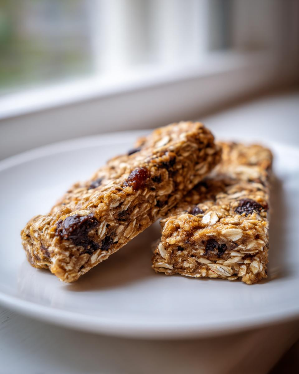 Close-up of two homemade, no-bake protein bar pieces showing oats and dried fruit on a white plate.
