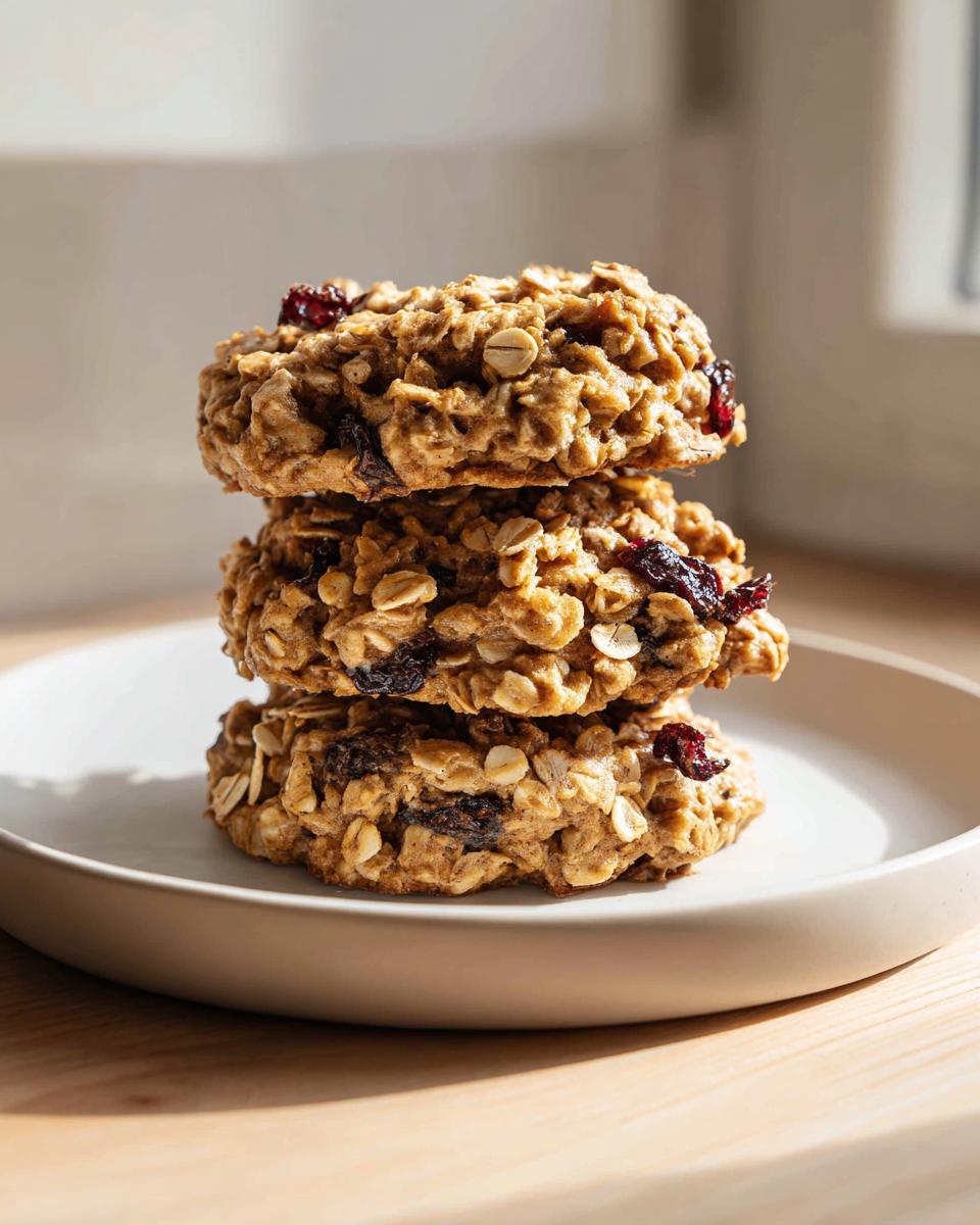 A stack of three hearty oatmeal breakfast cookies featuring visible oats and dried cranberries, resting on a light plate.