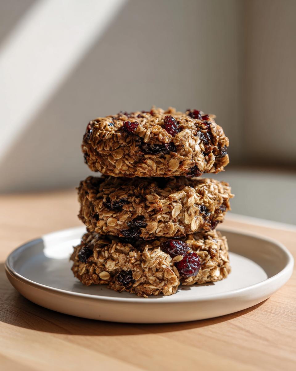 Three thick, hearty breakfast cookies made with oats and dried cranberries stacked on a small white plate.