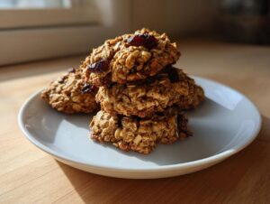 A stack of four hearty oatmeal breakfast cookies topped with dried cranberries, resting on a white plate.