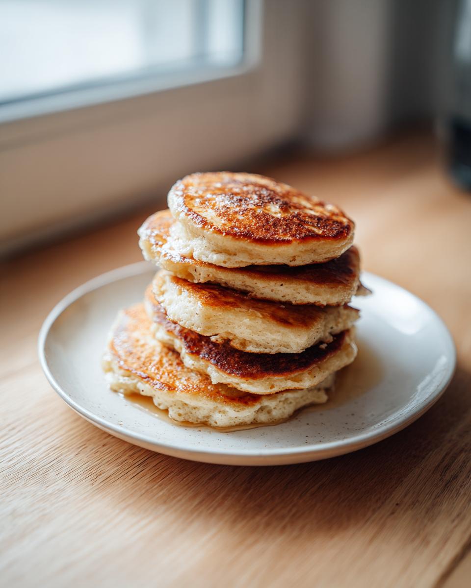 A tall stack of golden brown oatmeal pancakes drizzled with syrup on a white plate.