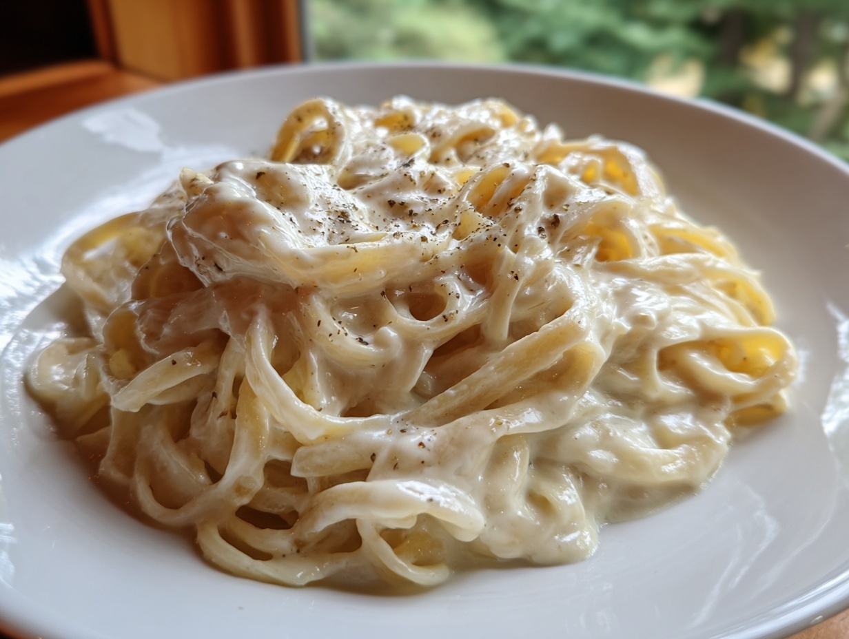 Close-up of fettuccine pasta coated generously in creamy Olive Garden Alfredo sauce and topped with black pepper.