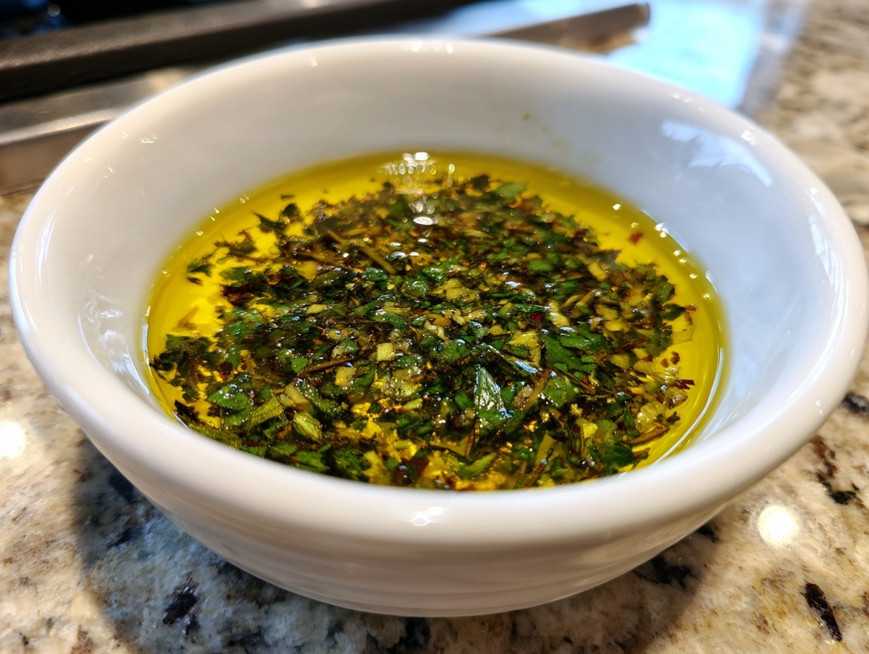 Close-up of a white bowl filled with golden olive oil bread dip topped with chopped green herbs.
