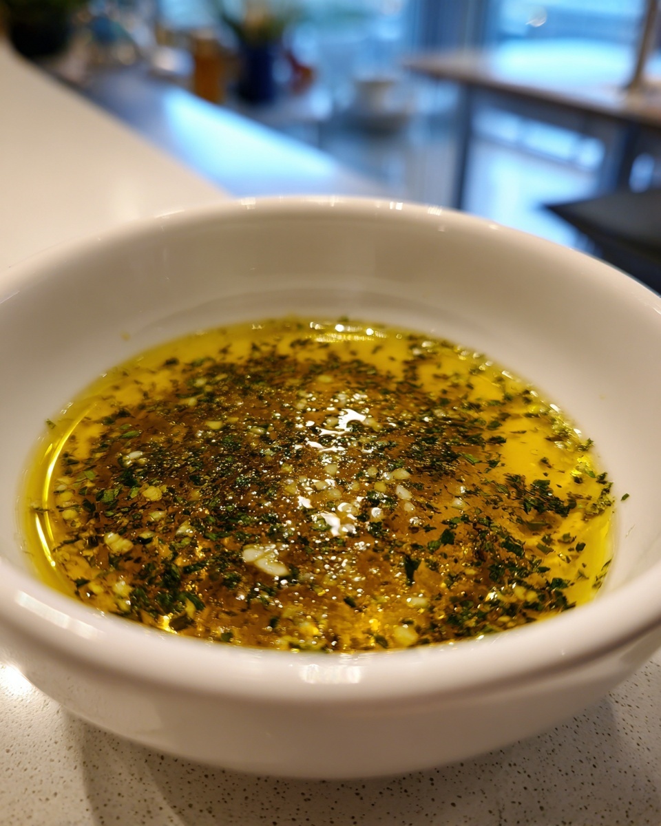 Close-up of a white bowl filled with golden olive oil bread dip topped with herbs and garlic.
