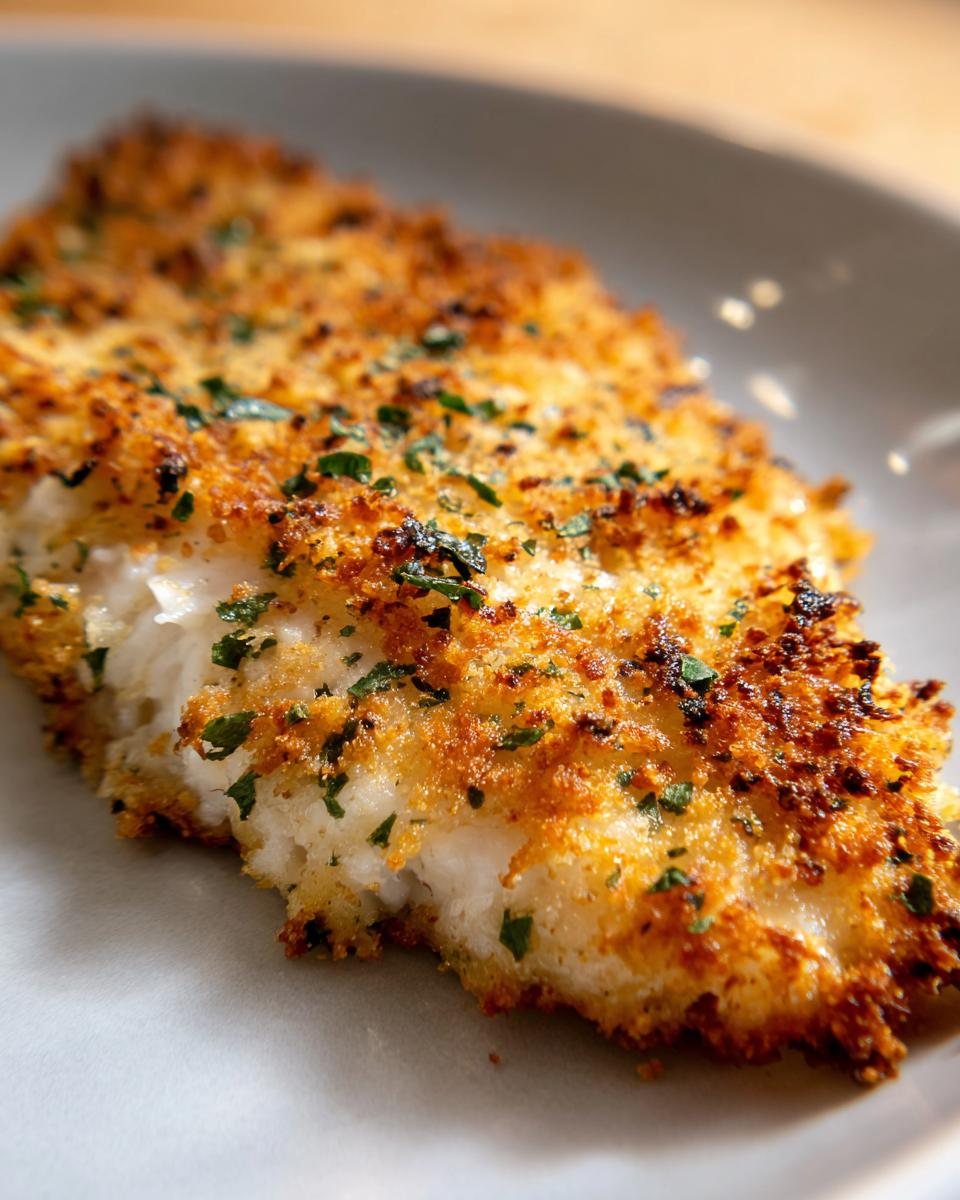 Close-up of a perfectly cooked parmesan crusted tilapia fillet with a golden, crunchy topping and fresh parsley.