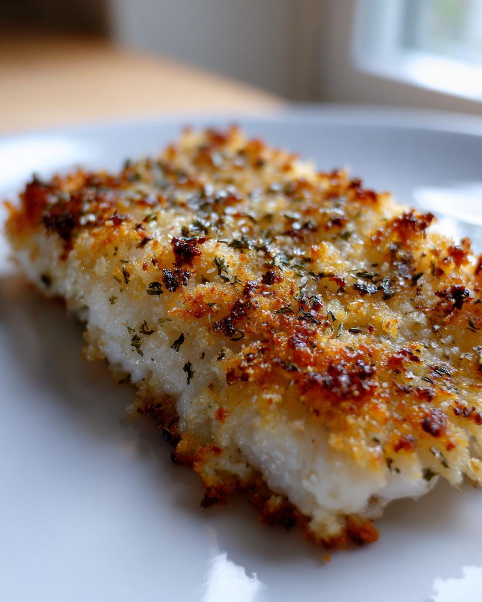 Close-up of a perfectly baked parmesan crusted tilapia fillet with a golden-brown, herbed topping.