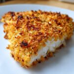 Close-up of a perfectly cooked parmesan crusted tilapia fillet with a golden, crunchy topping.