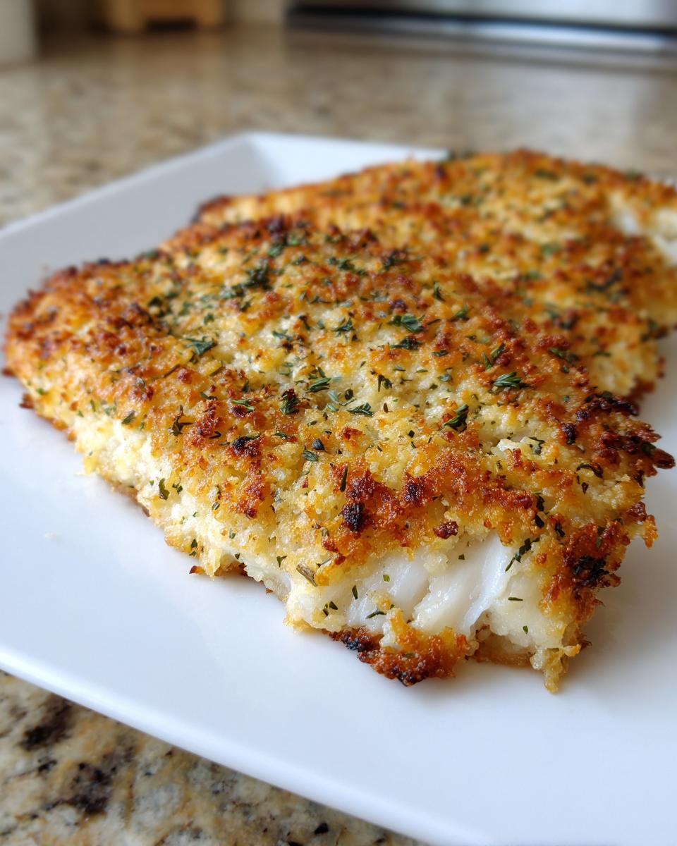 Close-up of a perfectly cooked parmesan crusted tilapia fillet showing flaky white fish inside and a golden brown topping.