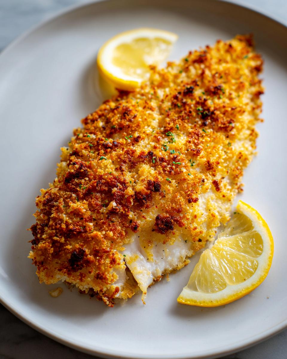 Close-up of a golden brown parmesan crusted tilapia fillet served with two lemon wedges on a light plate.