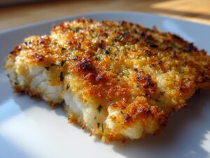 Close-up of a perfectly cooked parmesan crusted tilapia fillet with a golden-brown, crunchy topping.