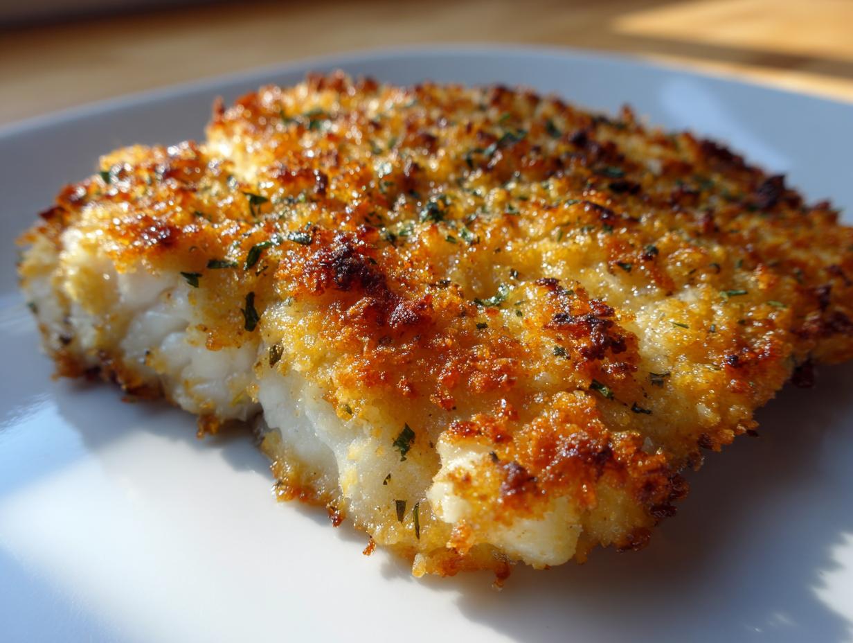 Close-up of a perfectly cooked parmesan crusted tilapia fillet with a golden-brown, crunchy topping.