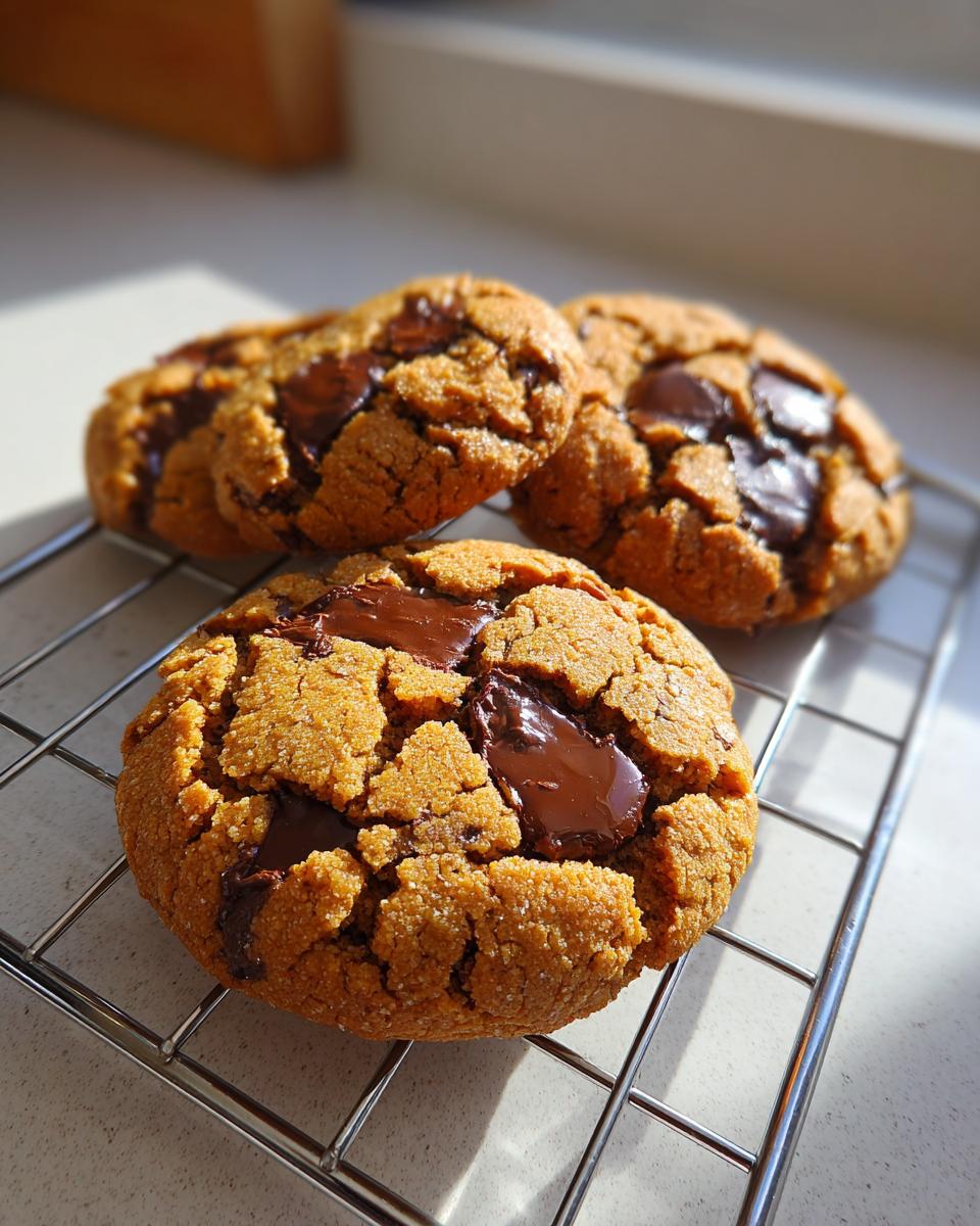 Three freshly baked peanut butter chocolate chip cookies cooling on a wire rack with melted chocolate chunks visible.