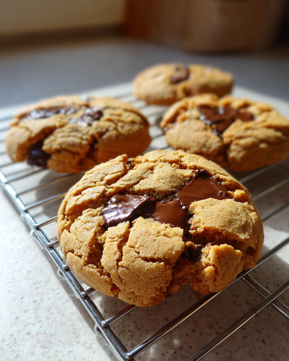 Close-up of four freshly baked peanut butter chocolate chip cookies cooling on a wire rack.