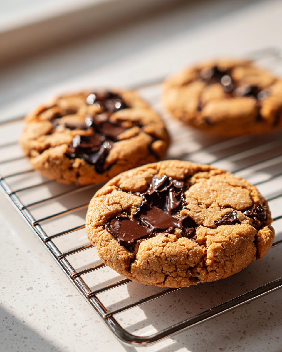 Three freshly baked peanut butter chocolate chip cookies cooling on a wire rack in bright sunlight.