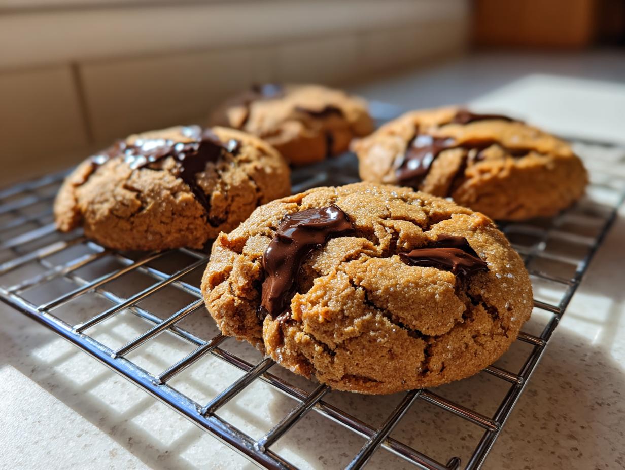 Close-up of gooey peanut butter chocolate chip cookies cooling on a wire rack in natural light.