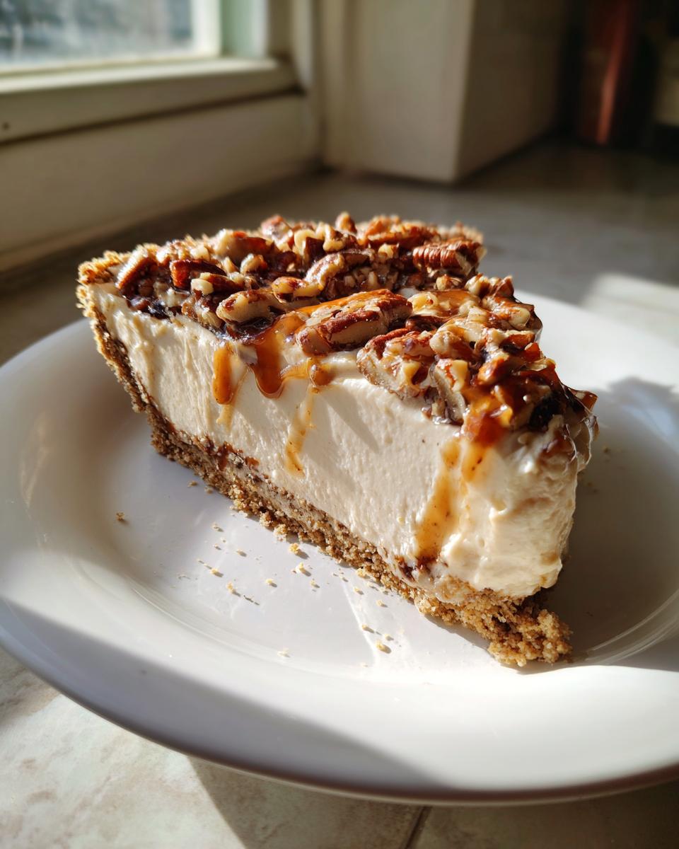 A thick slice of pecan cream pie with a creamy filling, graham cracker crust, and topped with pecans and caramel.