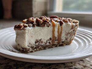 A thick slice of pecan cream pie with a creamy filling, pecan crust, topped with pecans and caramel drizzle.