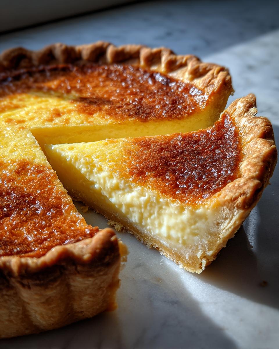 Close-up of a slice being removed from a classic buttermilk pie, showing the creamy filling and caramelized top.