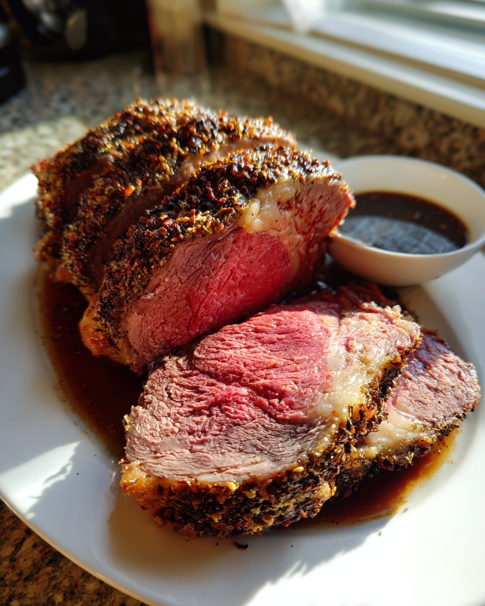 A beautifully cooked, medium-rare rib roast, sliced to show the pink center and seasoned crust, served with au jus.