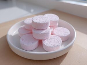 A small stack of fluffy, light pink cream cheese mints dusted with powdered sugar on a white dish.