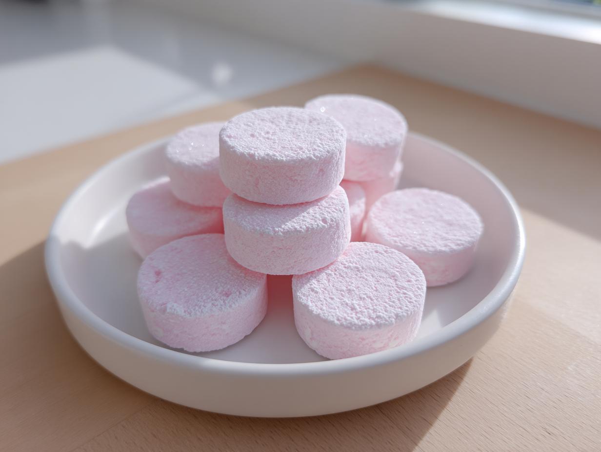 A small stack of fluffy, light pink cream cheese mints dusted with powdered sugar on a white dish.