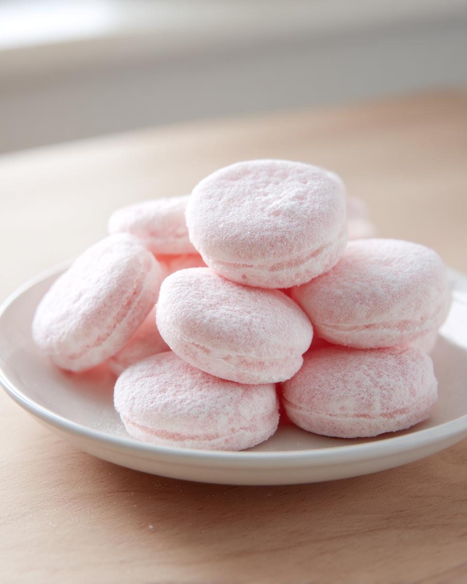 A close-up shot of a small pile of pink, powdered cream cheese mints stacked on a white dish.