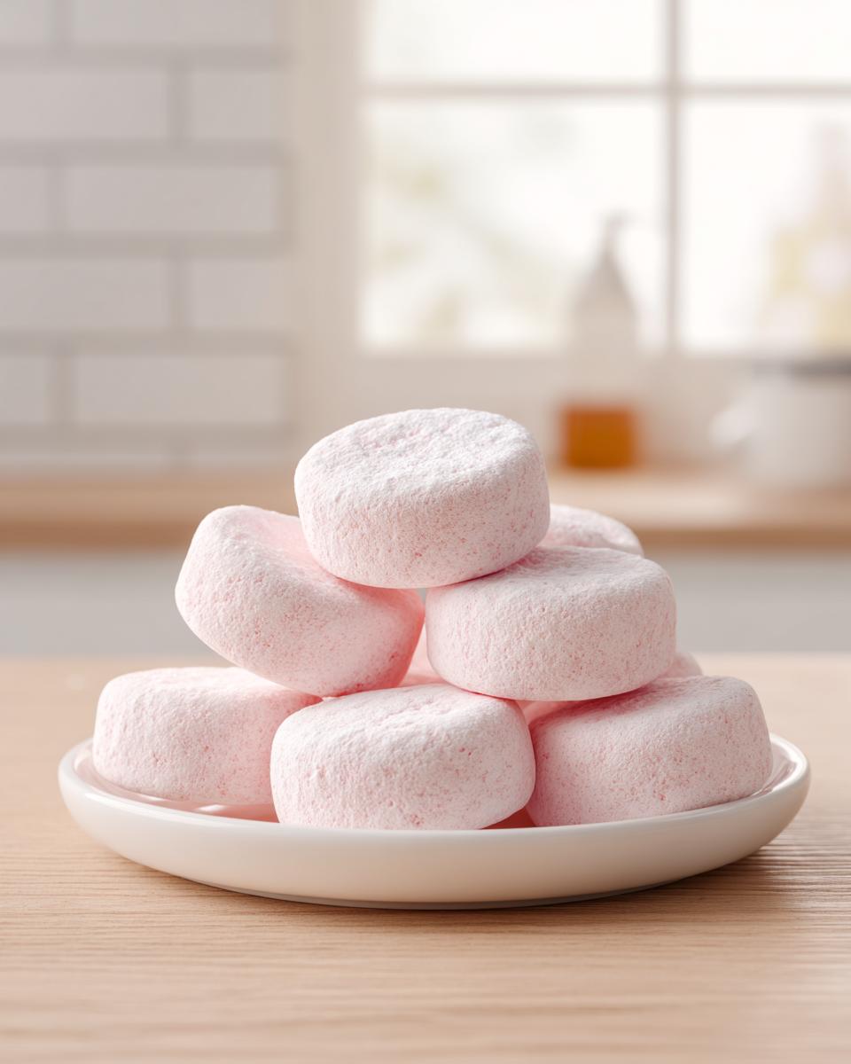 A stack of soft, pink cream cheese mints dusted with powdered sugar, resting on a small white plate.